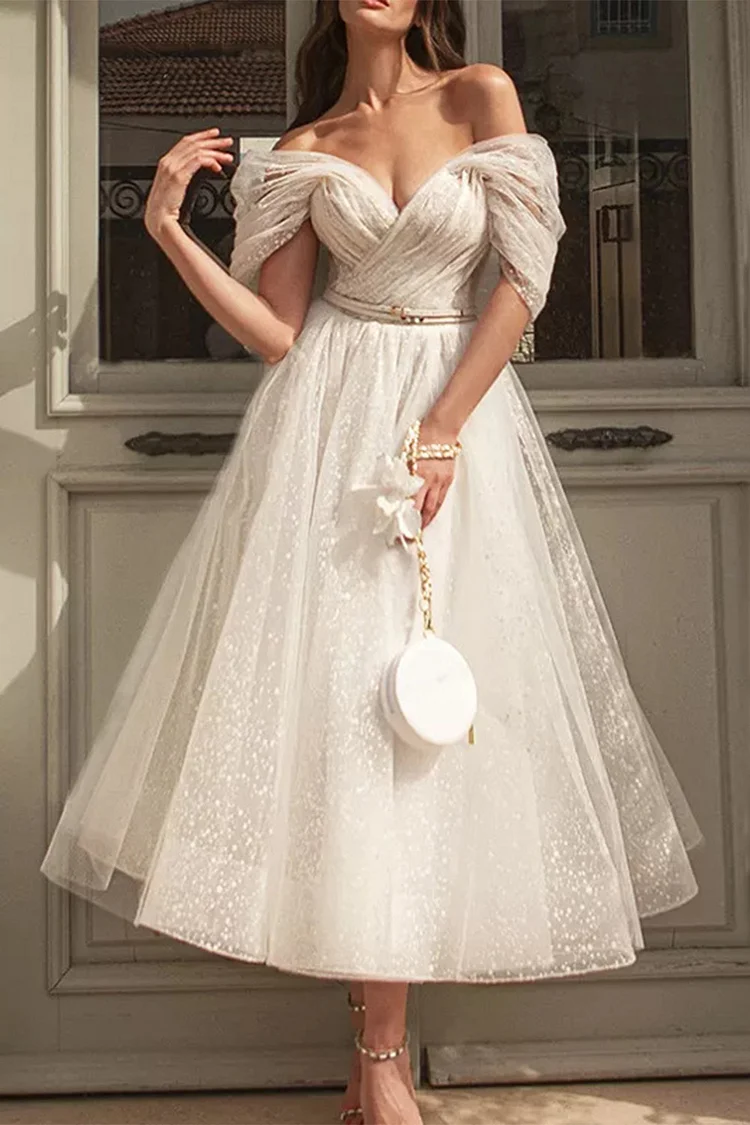 Formal White Mesh Off The Shoulder Wrap Midi Dress