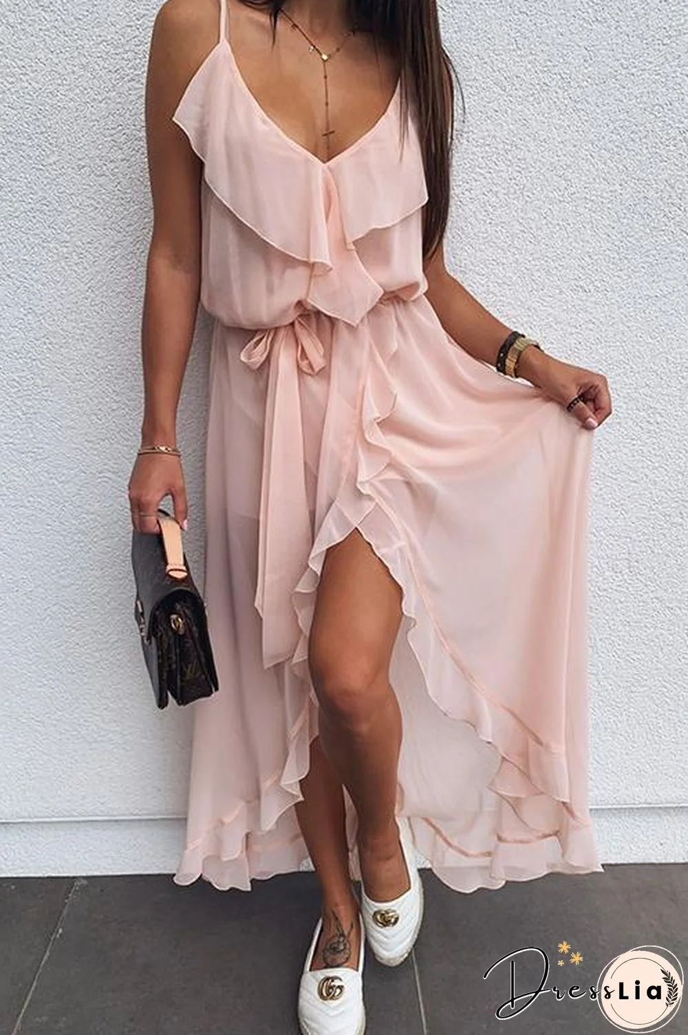 V-Neck Ruffled Chiffon Dress