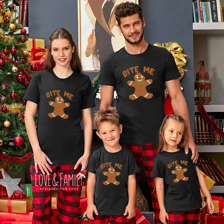 Bite Me Gingerbread Man Christmas Family Short Sleeve Pajamas Sets