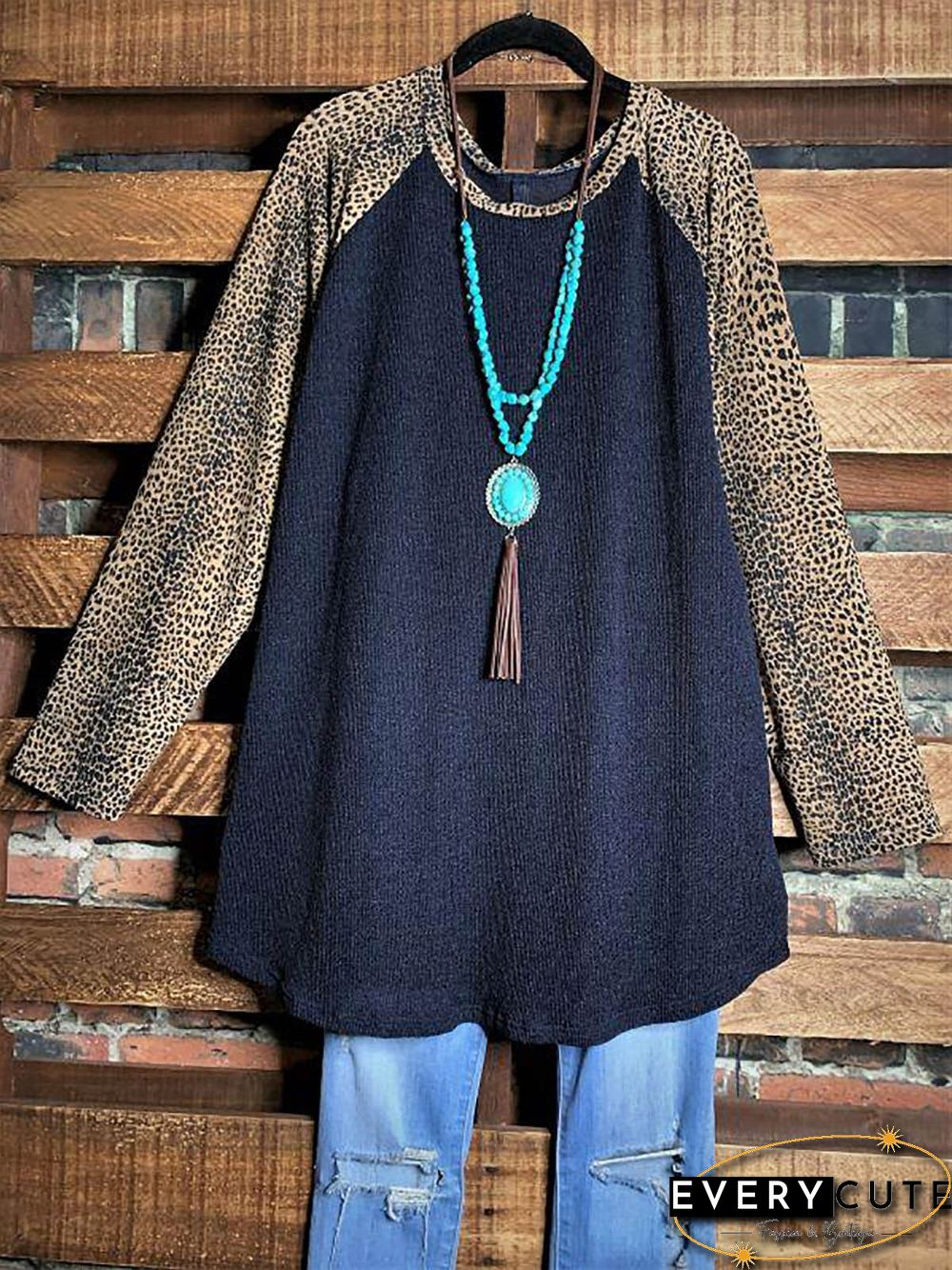 Leopard Round Neck Long Sleeve Loose Tunic & Tops