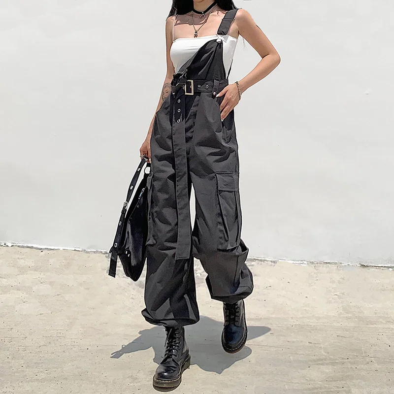 Toloer Rockmore Gothic Black Overalls Womens Cargo Pants Sling Bow Belt Dungarees Wide Leg Pants Casual Trousers Oversized