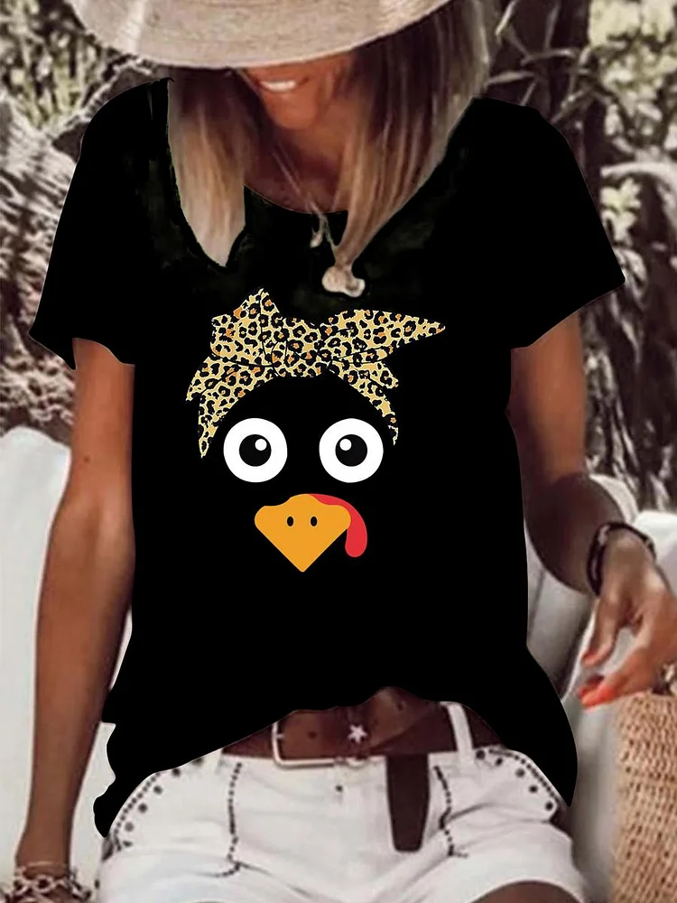 Turkey Face With Leopard Headband Thanksgivin Raw Hem Tee-Annaletters