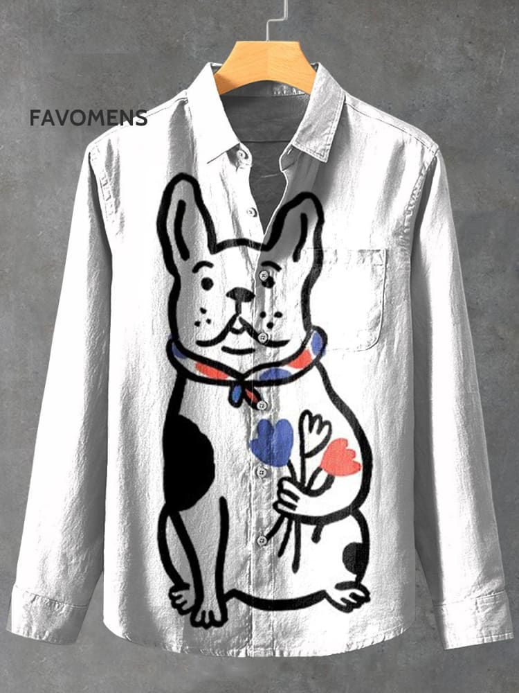 Cute French Bulldog Holding Flower Decoration Pattern 100% Cotton Long Sleeve Shirt Multicolor / S