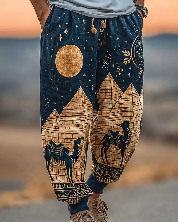 Men's Summer Fashion Star and Moon & Egyptian Pyramid Embroidered Linen Pants  7946