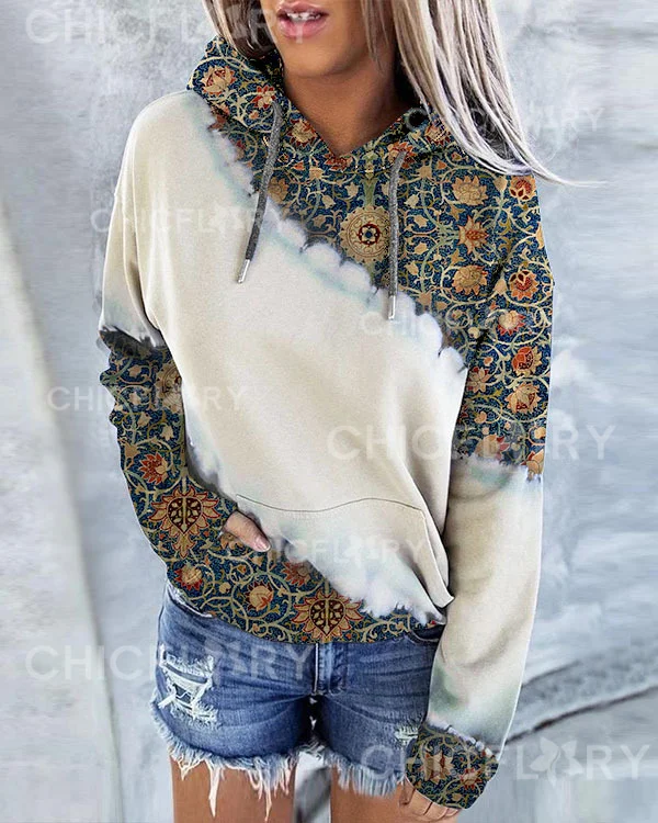 Women's Vintage Check Print Hoodie Long Sleeve Sweatshirt