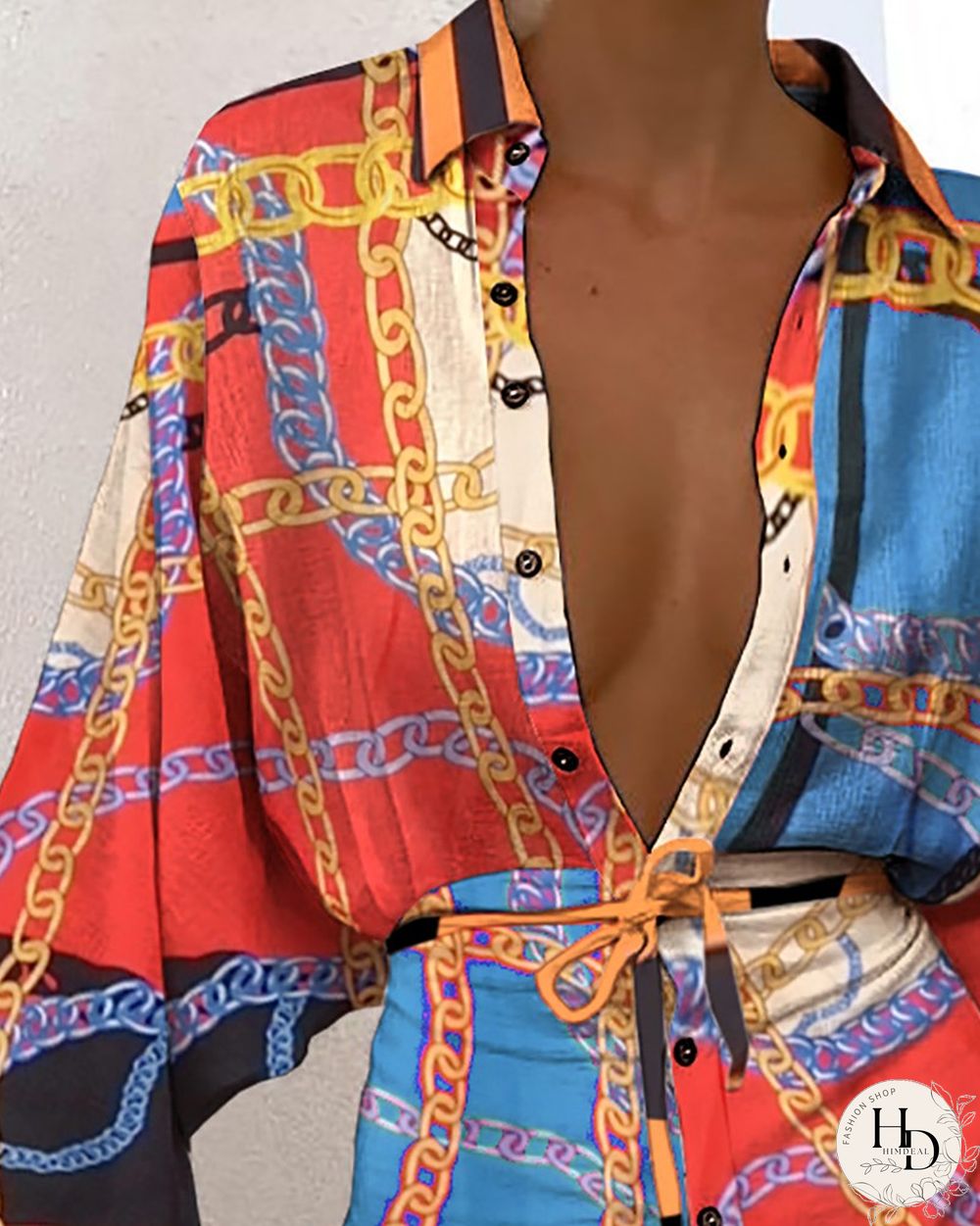 Scarf Print Button Design Long Sleeve Shirt Dress