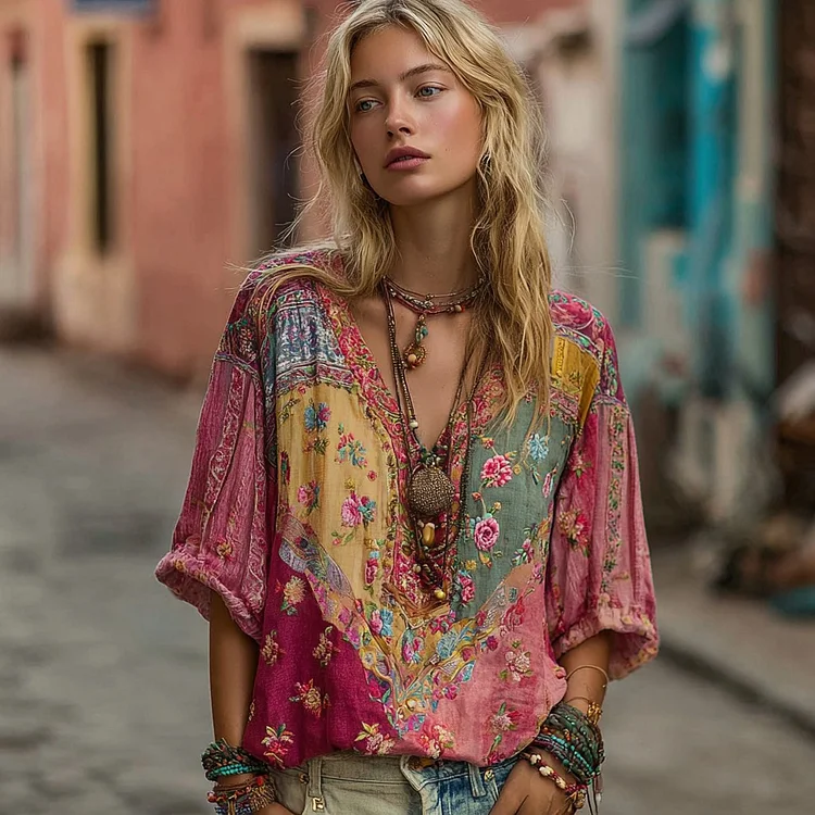 Women's Vintage Bohemian Floral Colorblock Design V-neck Linen Blend T-shirt