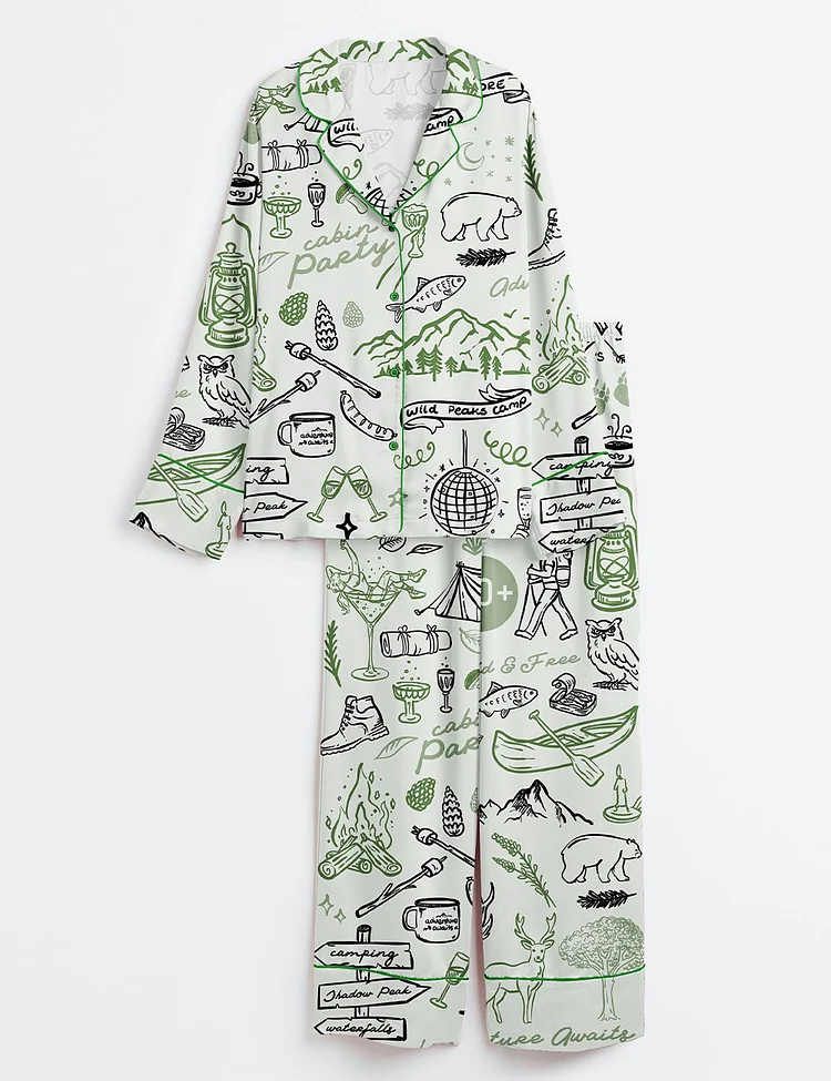 Women&rsquo;s Outdoor Whimsical Style Hand Drawn Cabin Party Camping Wilderness Print Long Sleeve Satin Pajama Set