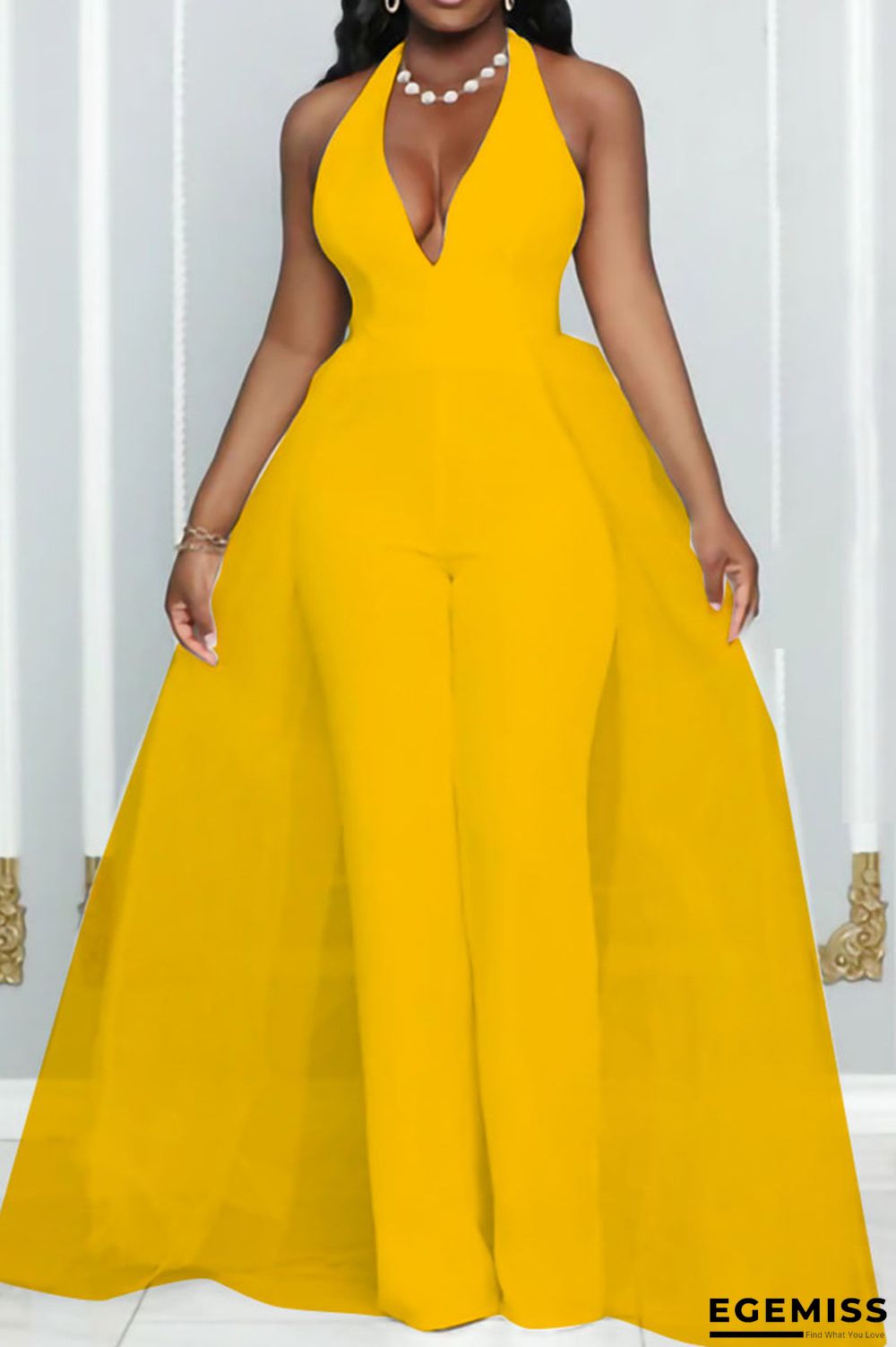 Yellow Fashion Casual Solid Patchwork Backless Halter Skinny Jumpsuits | EGEMISS
