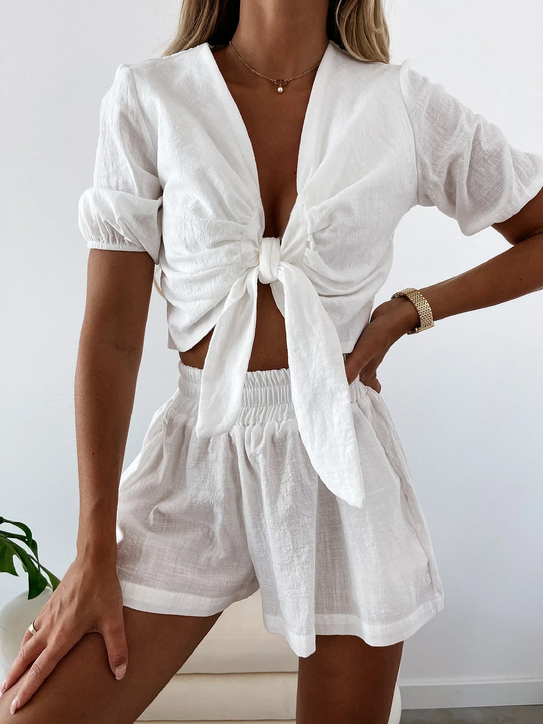 Style & Comfort for Mature Women Cotton Linen Blouse Bow Lace-up Set