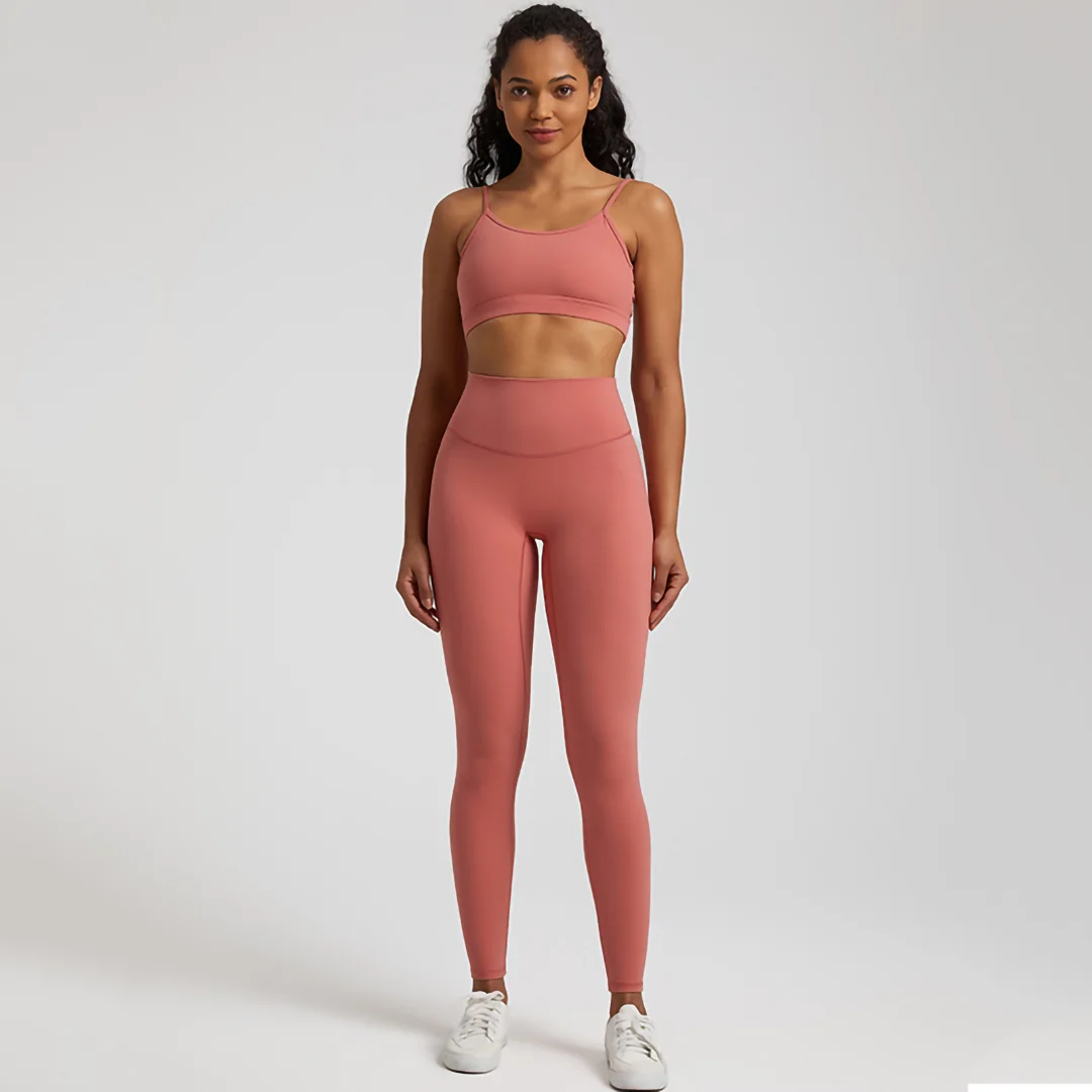 Solid color high stretch backless bra+sports leggings 2-piece set