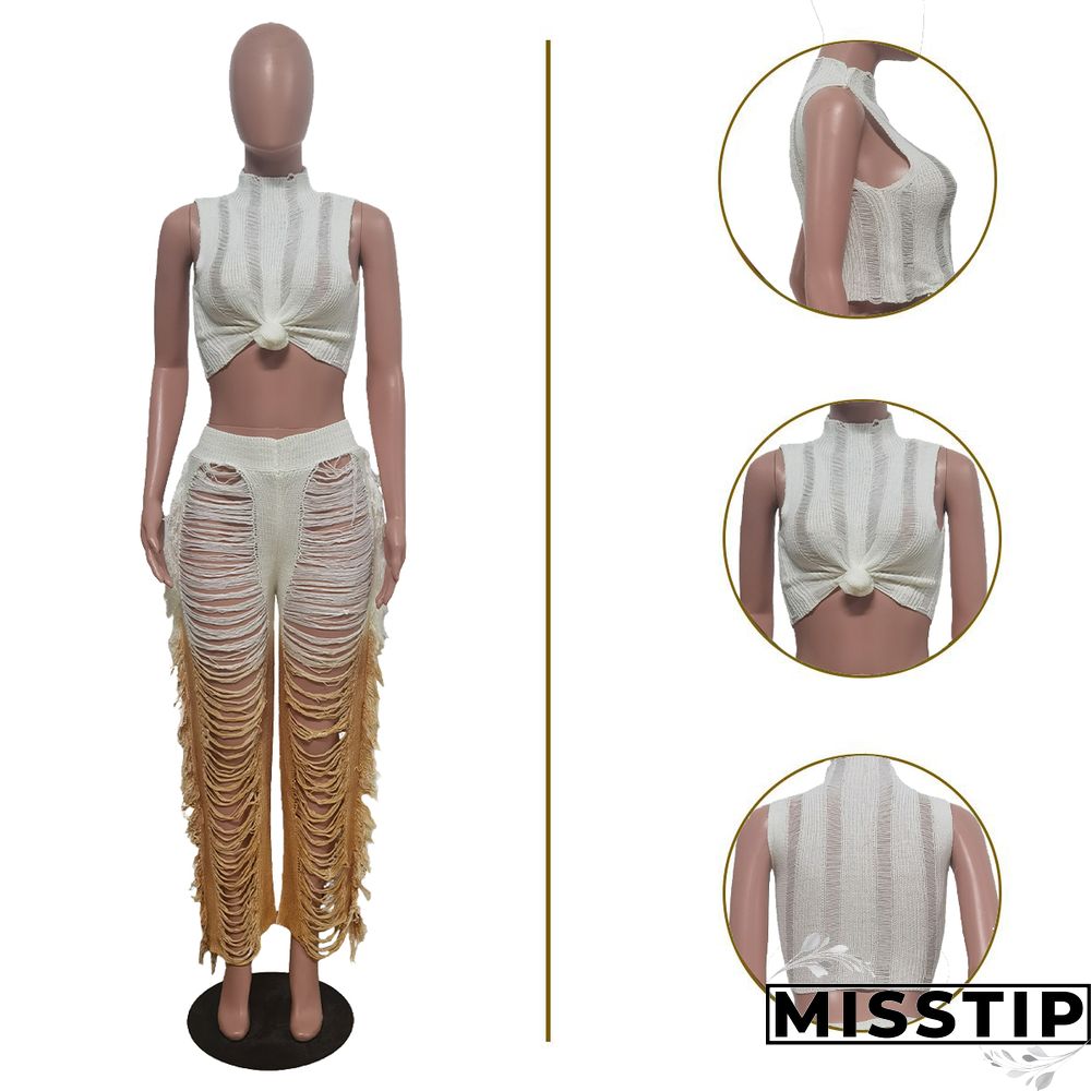 Gradient Knitted Tassel Two Piece Pants Set