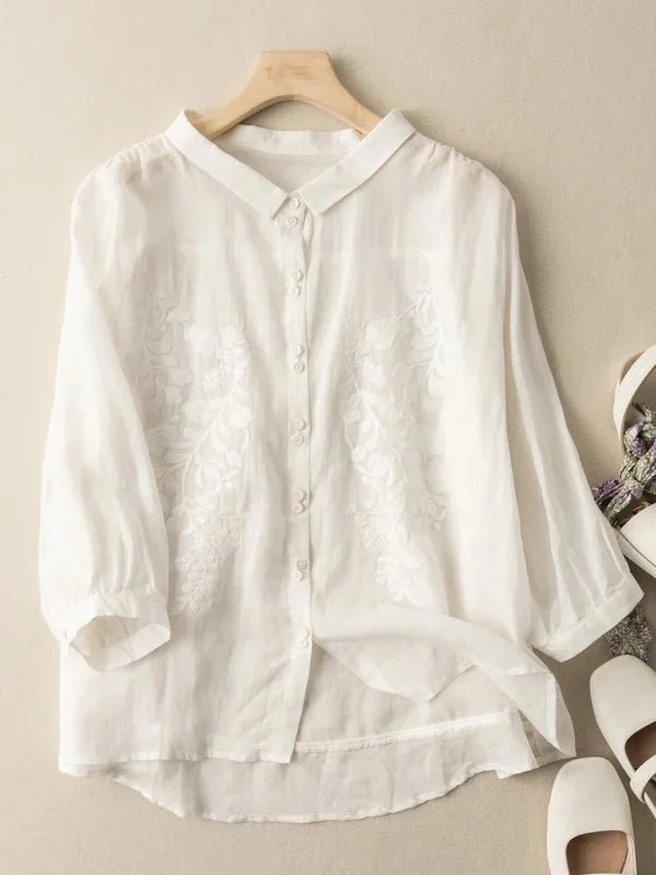 Embroidered 3/4 Sleeve Casual Linen Shirt Top