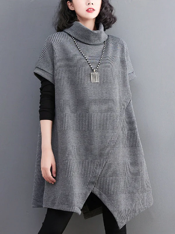 Asymmetric Solid Color Split-front Split-Joint Loose Raglan Sleeve High-neck Mini Dresses Knitwear