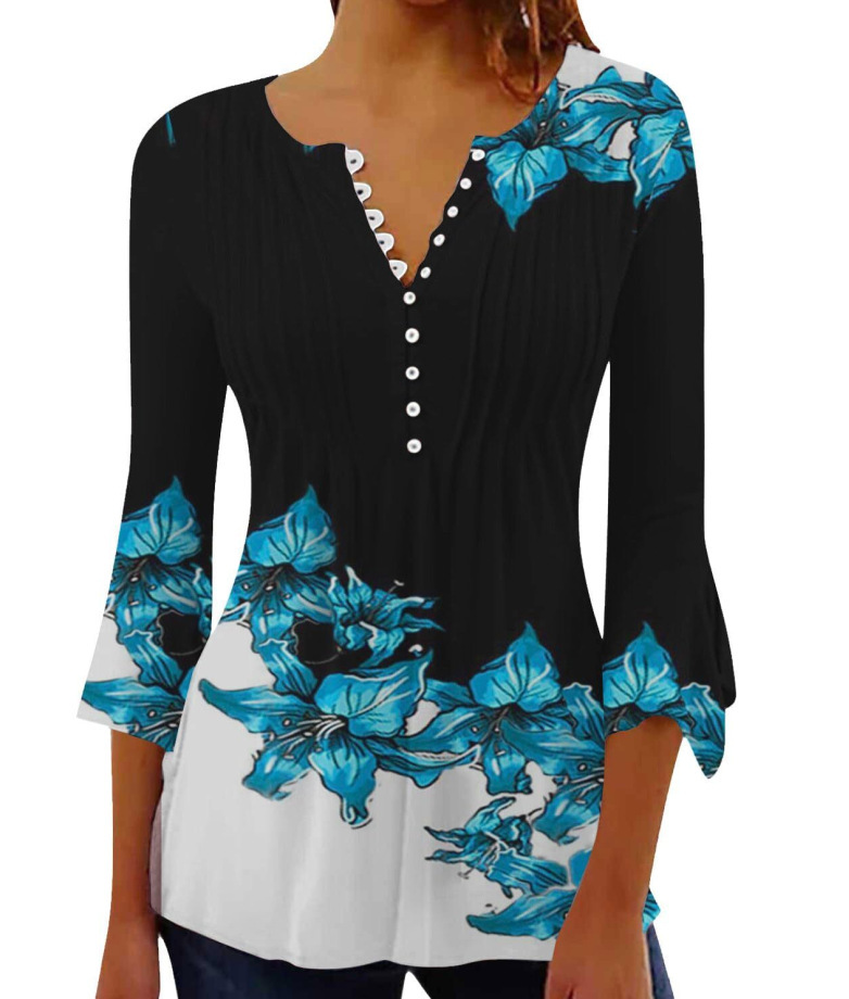 Mature Women's Trendy V-neck 3D Printing Long Sleeve Underwear Blouse Top