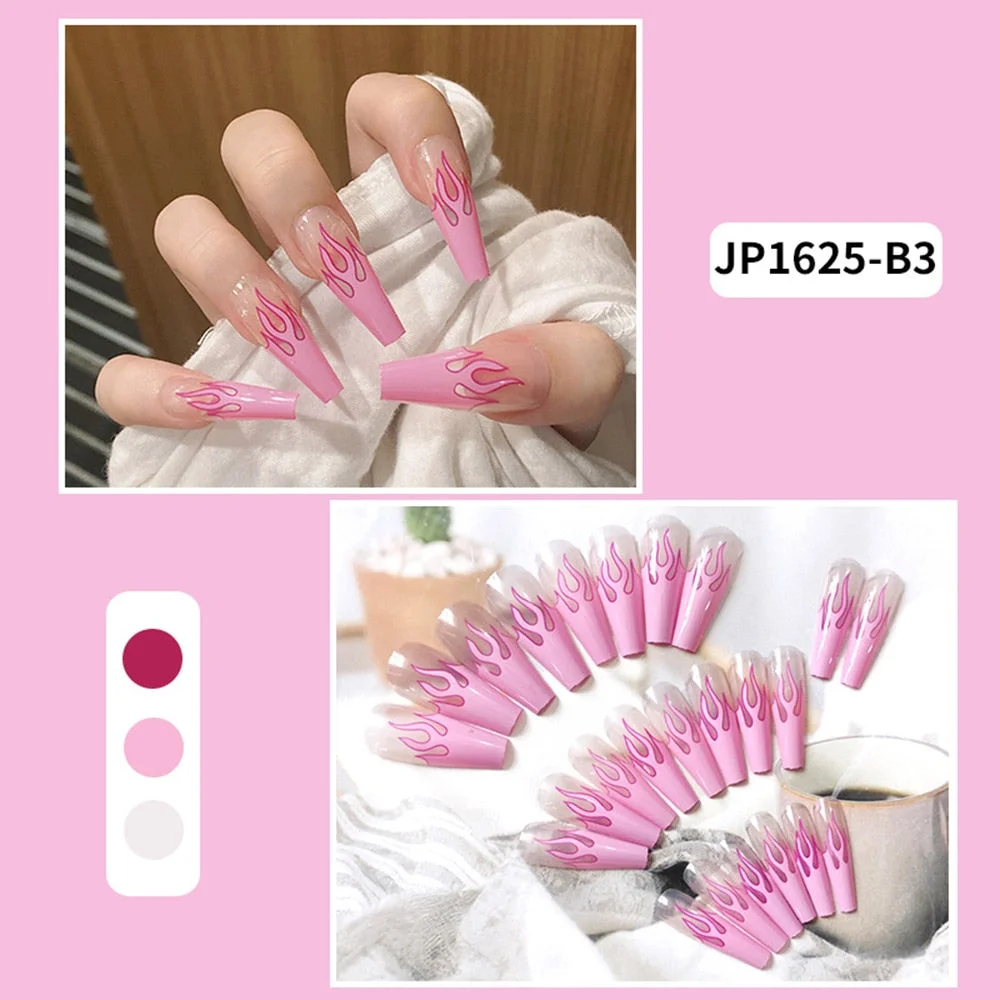 24pcs/Box Press on Nails Pink Flame Long Coffin False Nails Wearable Ballerina Fake Nails Full Cover Nail Tips Detachable-Nail Inspo