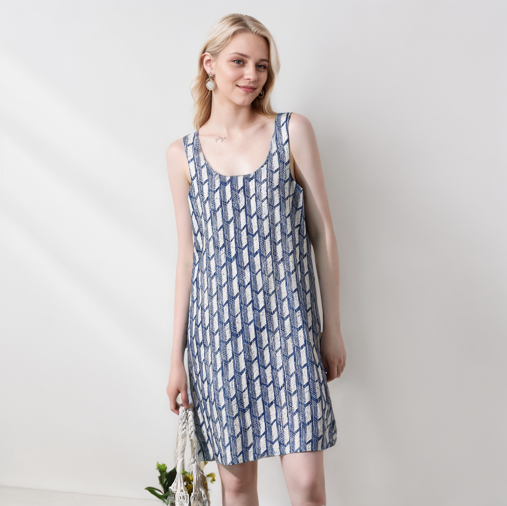 Pure Hemp Printed Sleeveless Dress Blue and White Contrasting Colors Breathable Backless REAL SILK LIFE