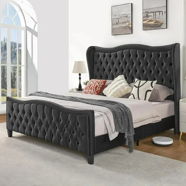 HOWE King Size 52.9" Tall Platform Bed Frame, Velvet Wingback Upholstered Bed with Handmade Deep Button Tufted High Headboard & Footboard/No Box Spring Needed/Black