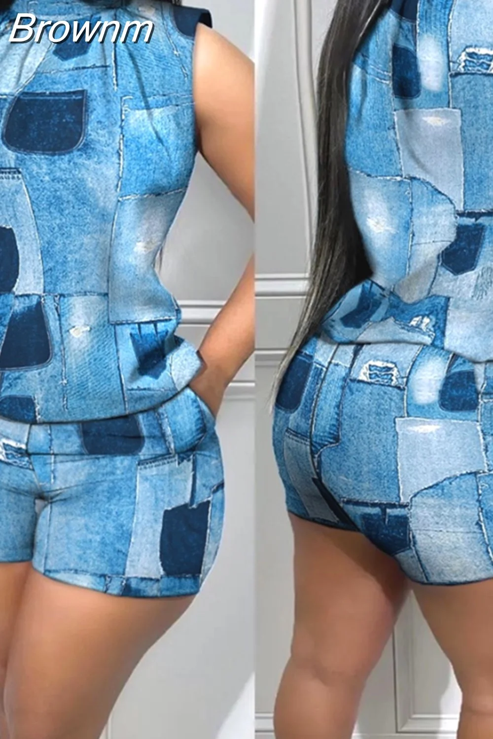Brownm Piece Sets Womens Outifits Summer Fashion Denim Look Print Casual Mock Neck Sleeveless Tank Top & Pocket Design Shorts Set