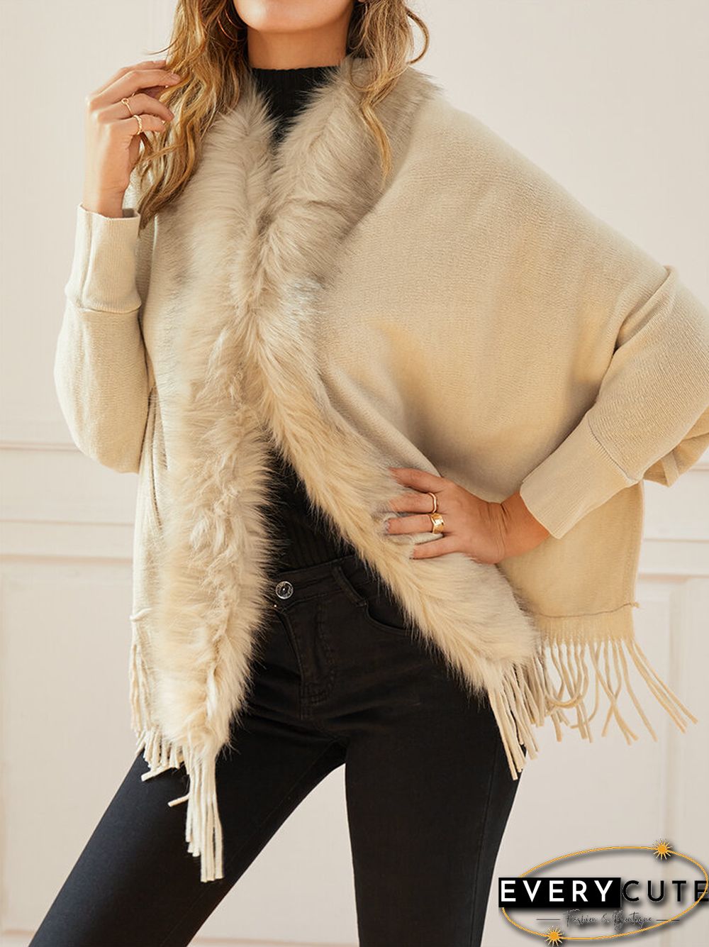 Solid Fringe Hem Dolman Sleeve Open Front Cape Cardigan