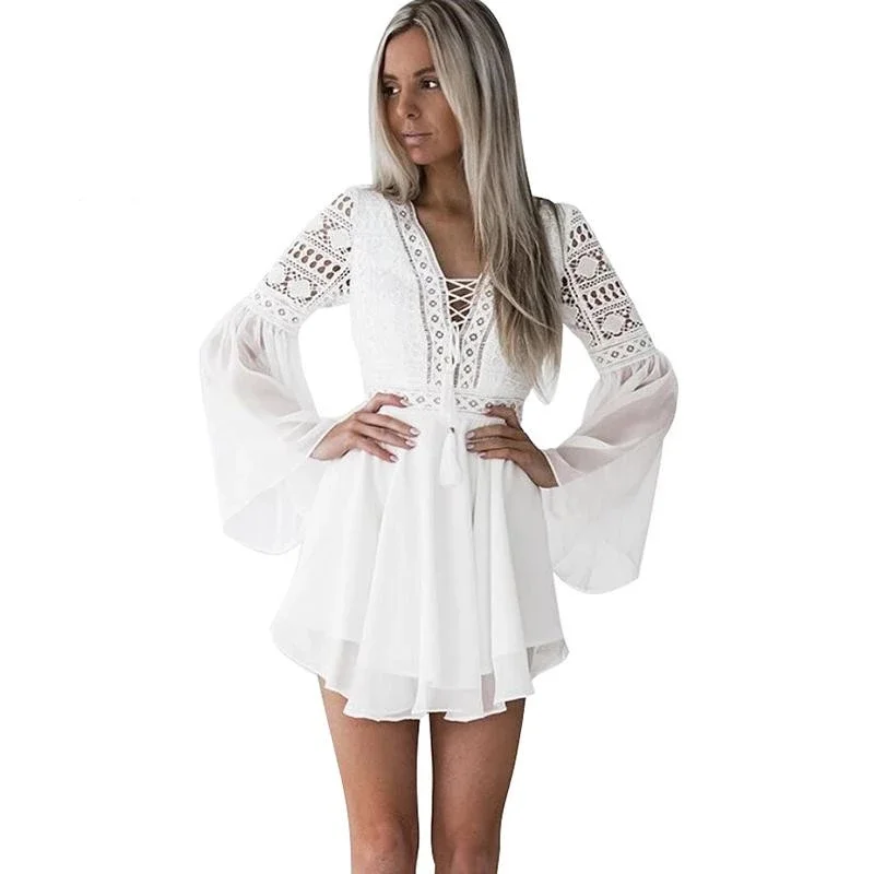 Hollow Out Chiffon Dress  Women Mini Criss Cross Bandage Lace Semi-sheer Plunge V-Neck Long Sleeve Dress Black/White: