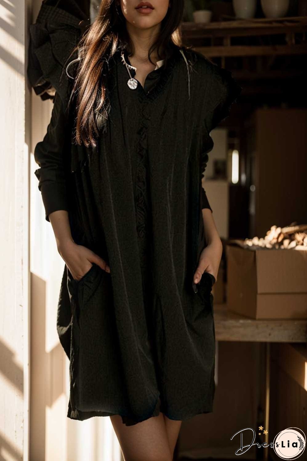 sweet black ruffle sleeve v neck mini shift dress