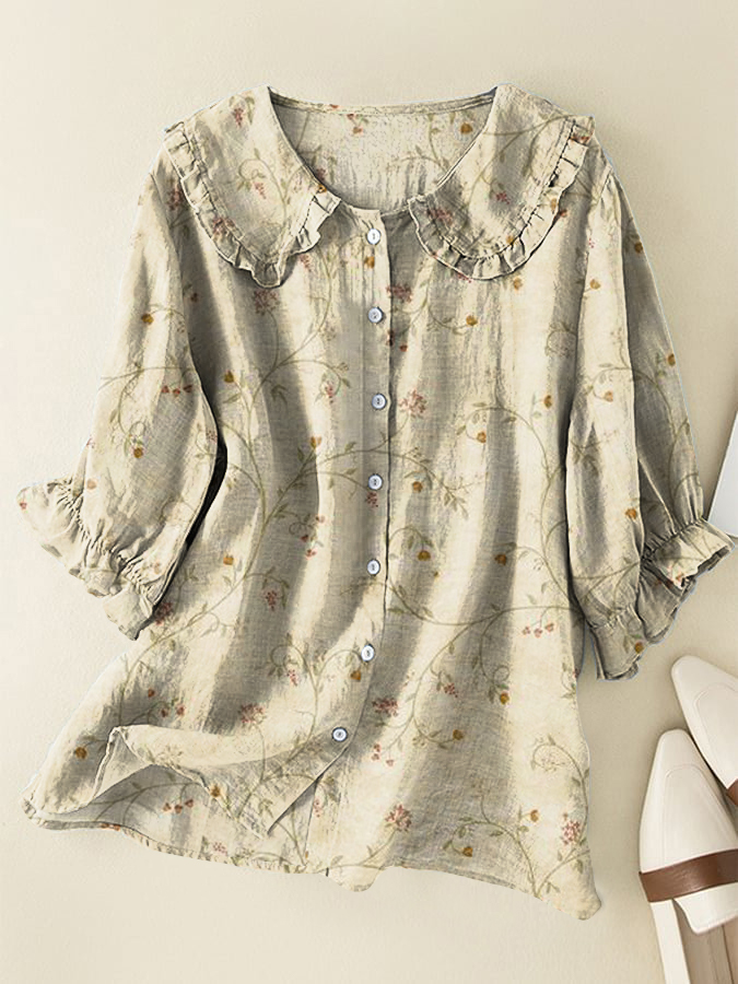 Floral Cotton and Linen Peter Pan Ruffle Collar Shirt