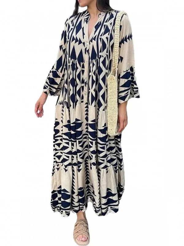 Style & Comfort for Mature Women Women Long Sleeve V-neck Printed Maxi Dress