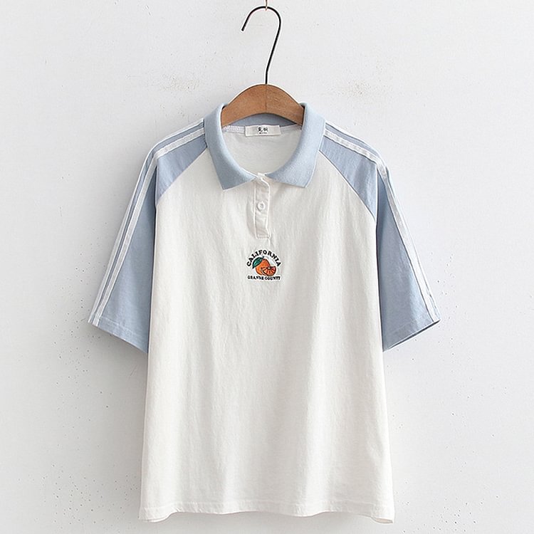 Color Block Orange Letter Embroidery Polo T-Shirt - Modakawa modakawa