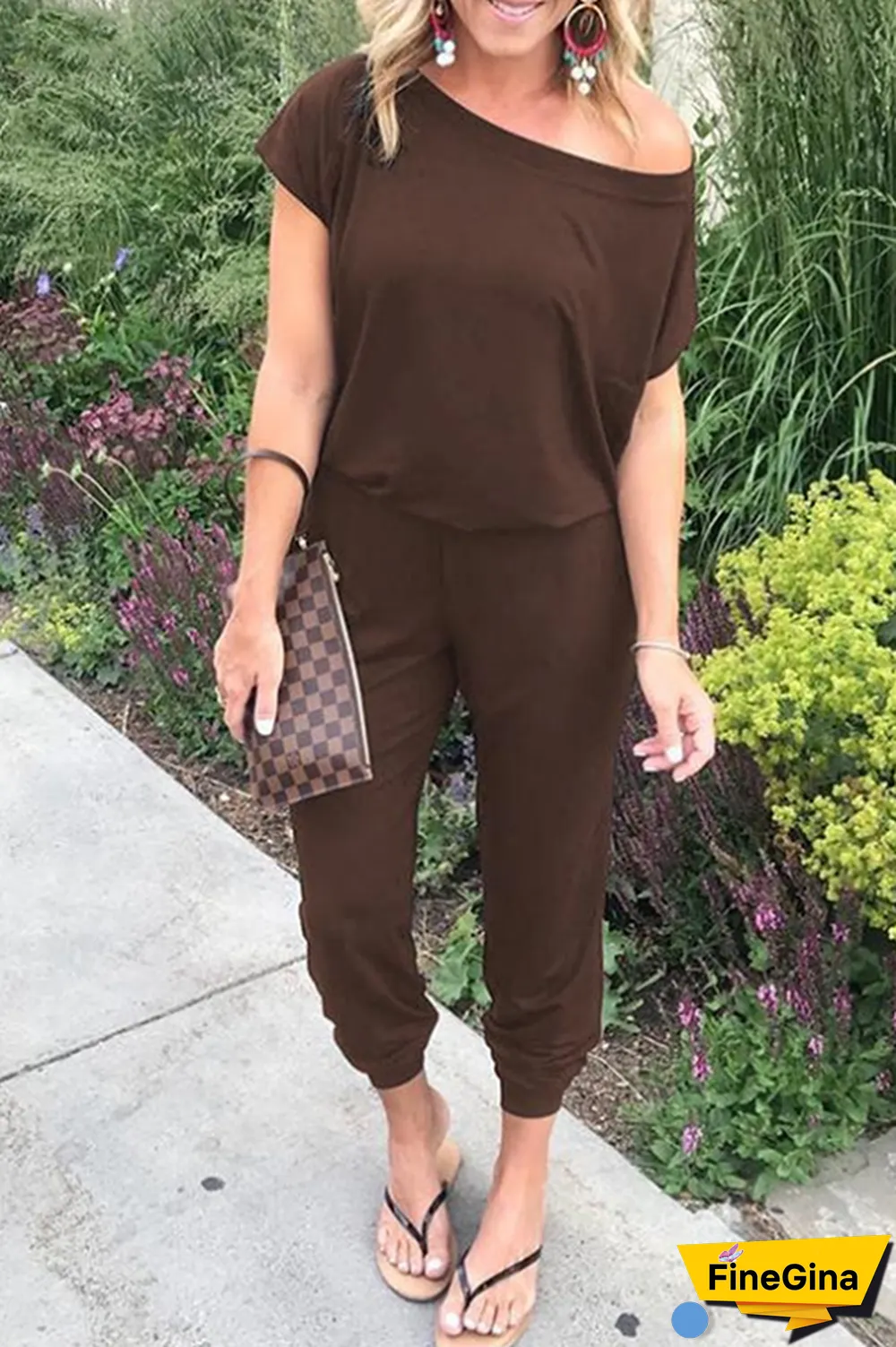 Casual Solid Split Joint Basic Oblique Collar Jumpsuits
