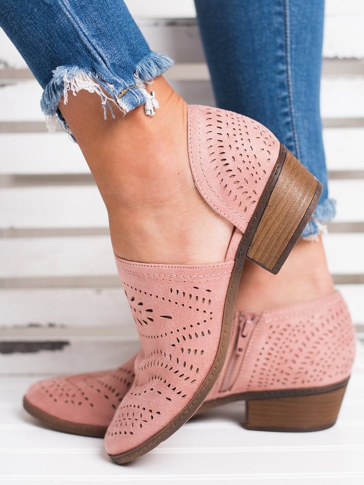 Hollow-out Low Heel Cutout  Suede Zipper Ankle Boots -loafers