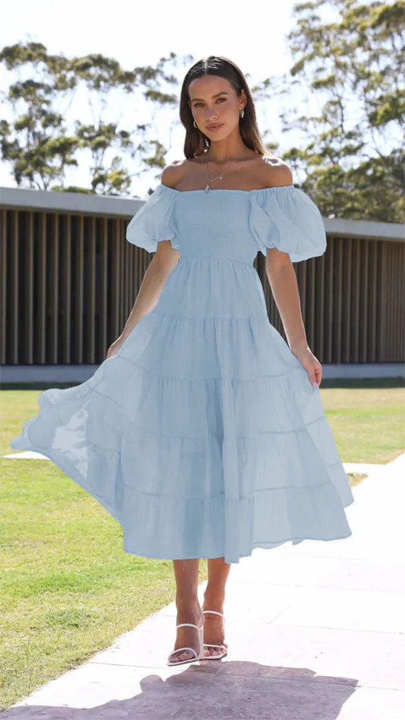 Uveng Puff Sleeve Holiday Slim Looking Long Dresses