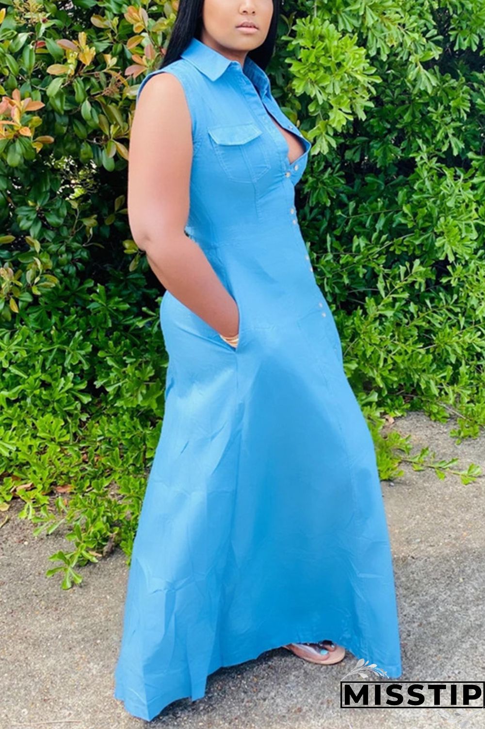 Light Blue Fashion Casual Sleeveless Shirt Dress