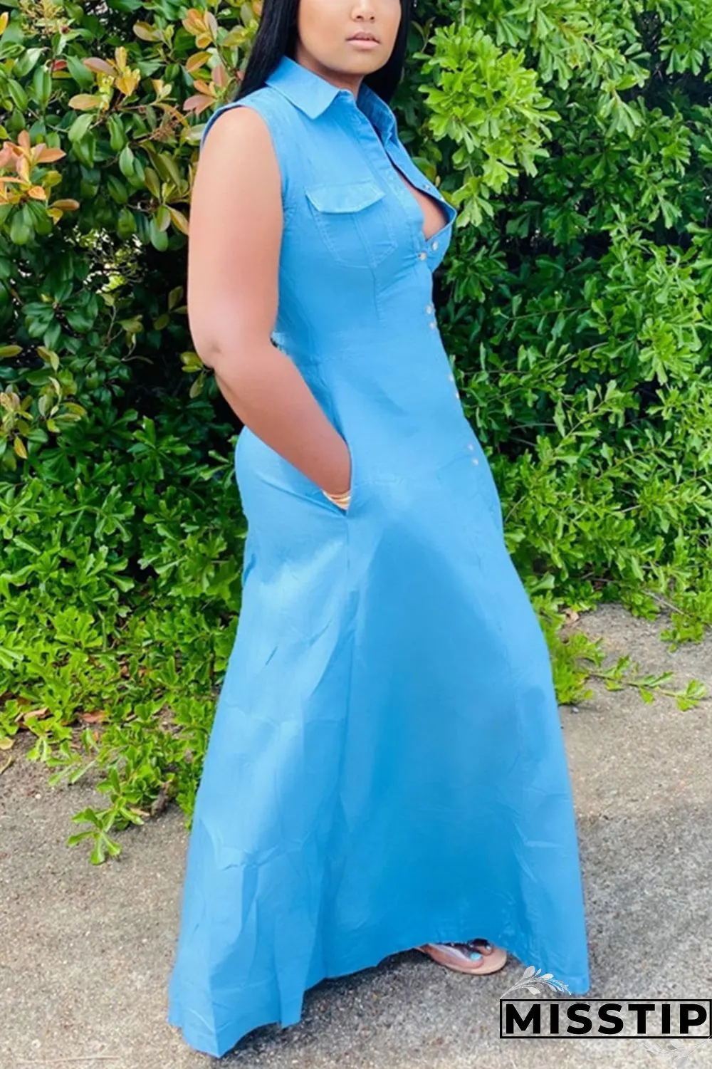 Light Blue Fashion Casual Sleeveless Shirt Dress