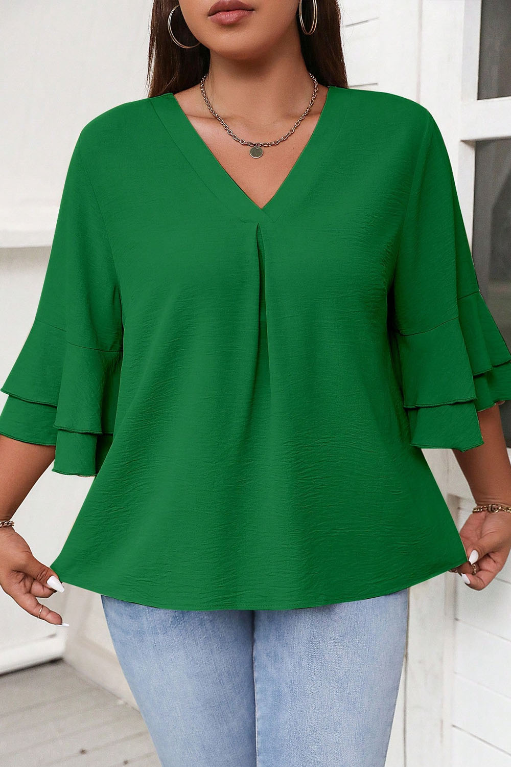 Plus Size Everyday Green V Neck Layered Flare Sleeve Blouse 2024 - Flycurvy 