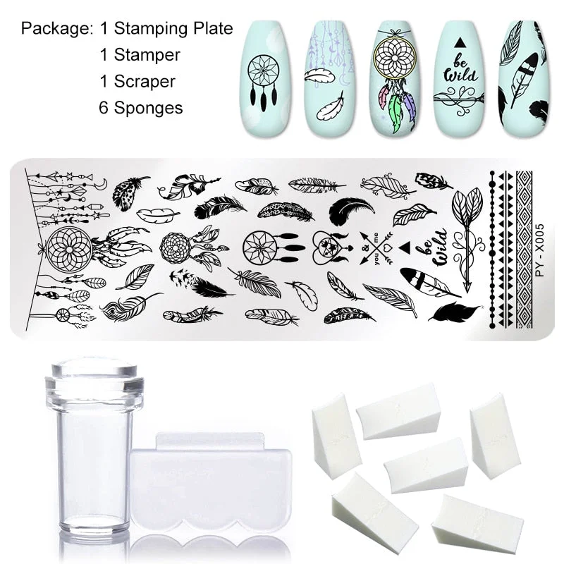 1 Set Nail Stamping Plates Geometry Lace Flower Dream Catcher with Jelly Stamper Scraper Sponge Nail Art Image Plate Tool-Nail Inspo