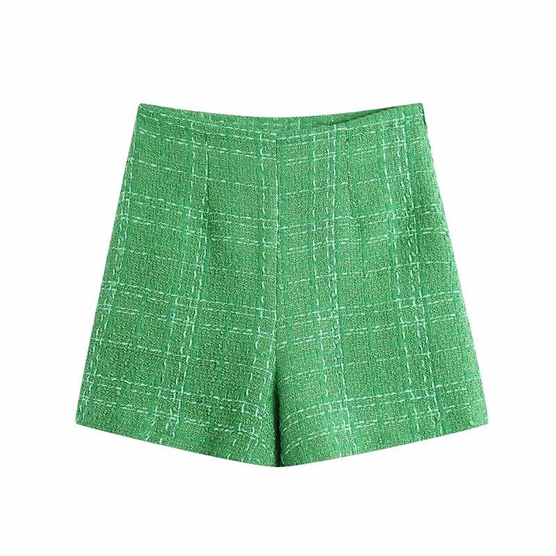 KPYTOMOA Women 2021 Chic Fashion With Lining Tweed Shorts Vintage High Waist Back Zipper Female Short Pants Mujer
