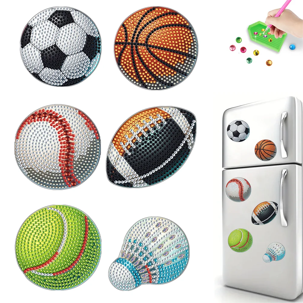 6Pcs DIY Ball Games Acrylic Special Shape Diamond Painting Fridge Magnet