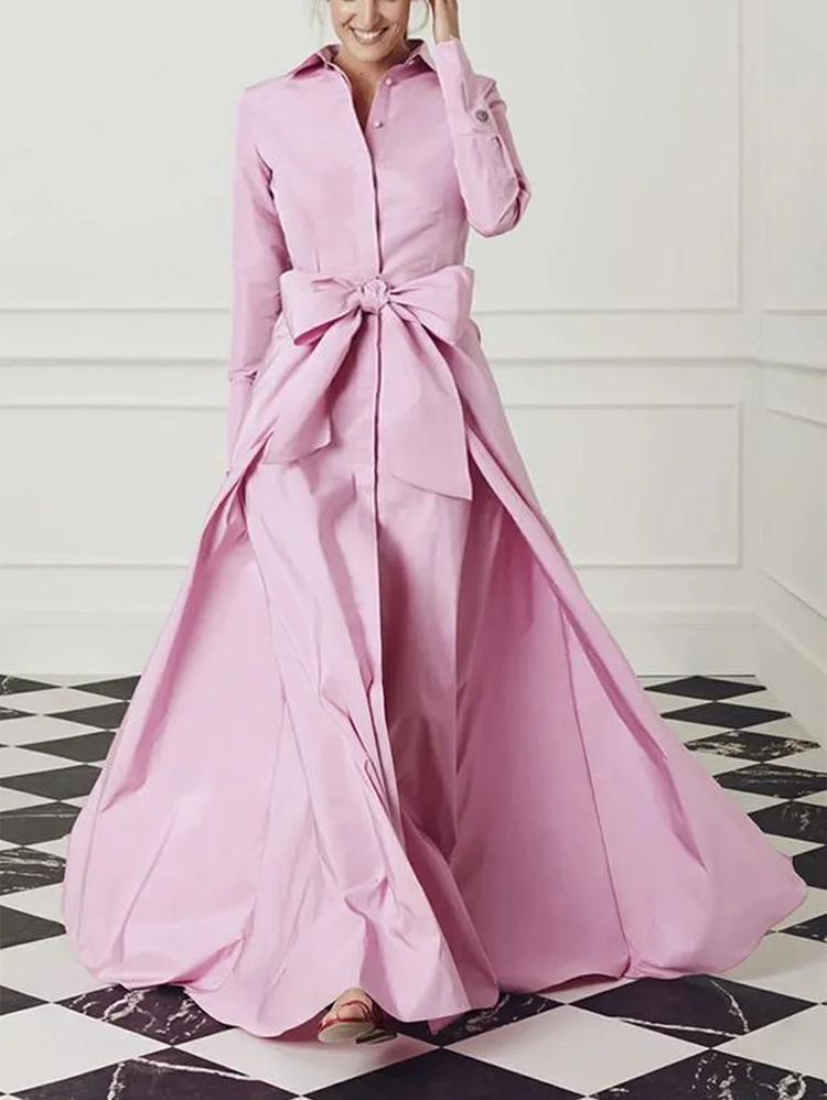 Casual Plain Turndown Collar Pink Bow Knotted Shirt Maxi Dress