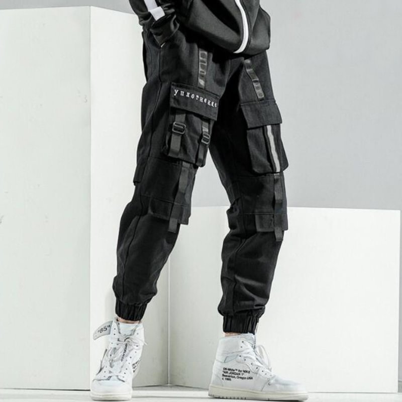 Men's tech style decorative webbing multi-pocket trousers-barclient
