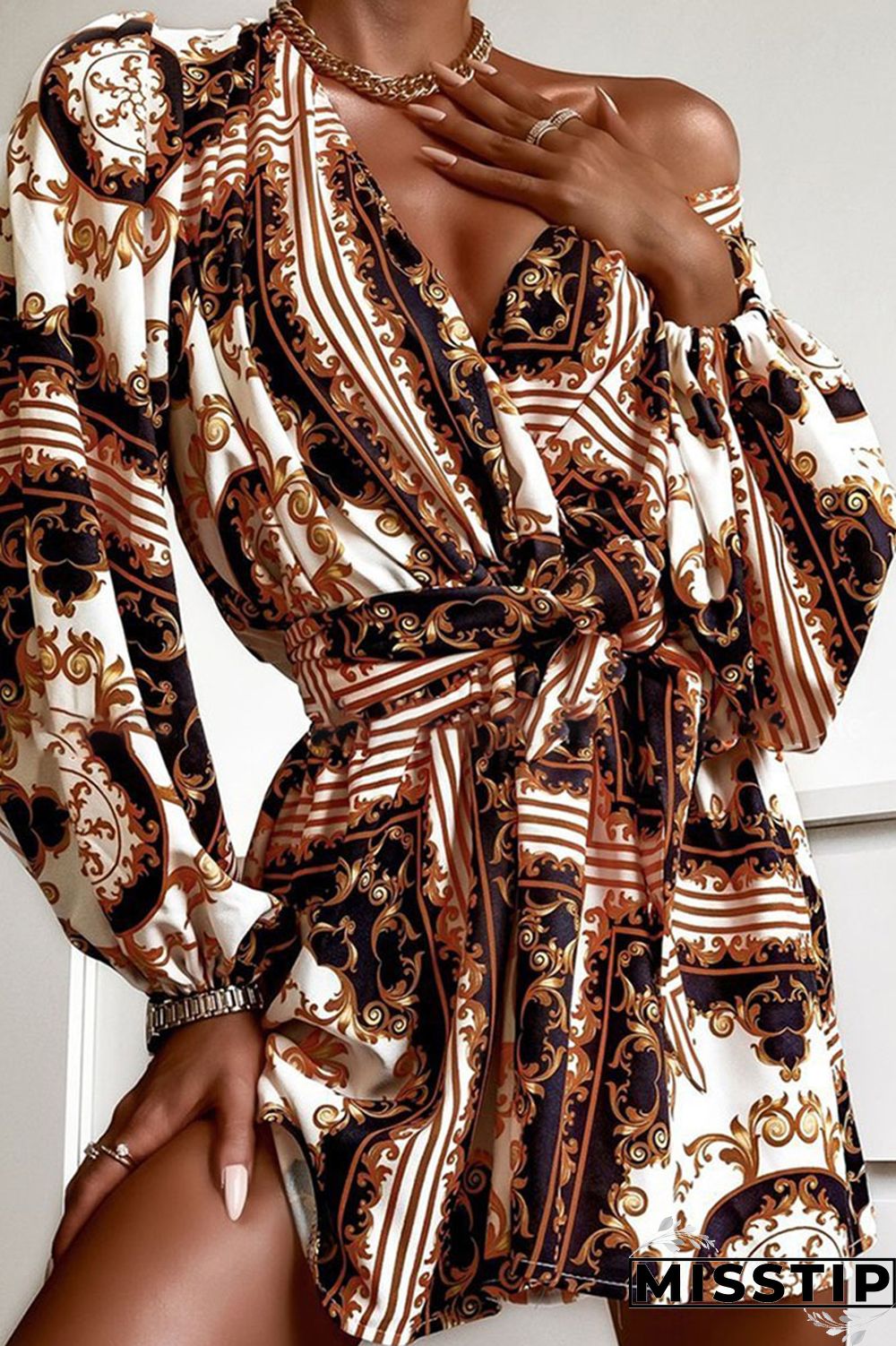 Brown Vintage Print Bandage Patchwork V Neck Shirt Dress Dresses