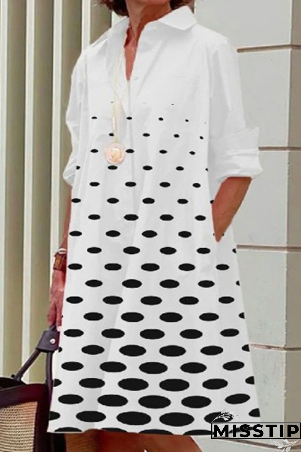 Black Casual Print Polka Dot Patchwork Buckle Turndown Collar Shirt Dress Dresses