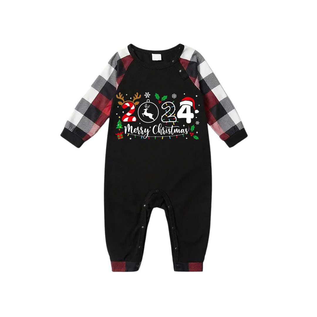 "2024 Merry Christmas" Text Snowflake Printed Pattern - Black Top with Red&Black&White Plaid Sleeves - Family Matching Pajamas