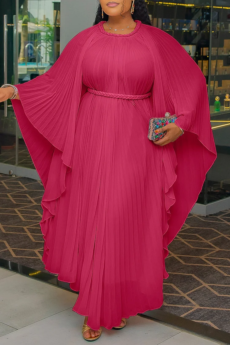 Plus Size Wedding Guest Pink Round Neck Batwing Sleeve Long Sleeve Pleated Irregular Hem Chiffon Maxi Dresses 2024 - Xpluswear