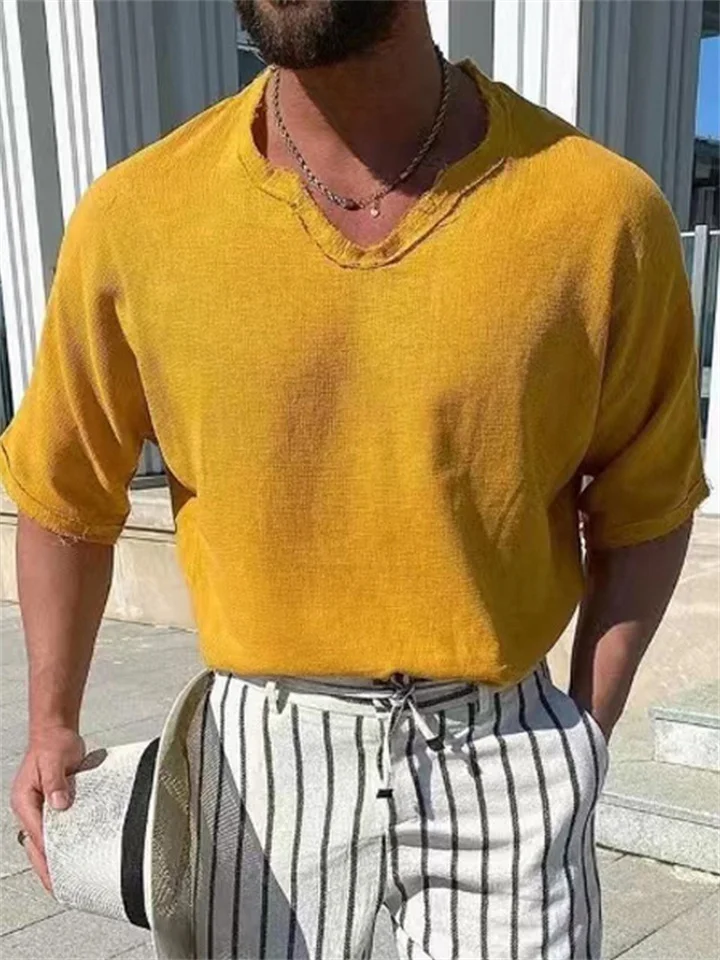 Spring and Summer Solid Color V-neck Short Sleeve Men's Tops Cotton Linen T-shirt-Mixcun