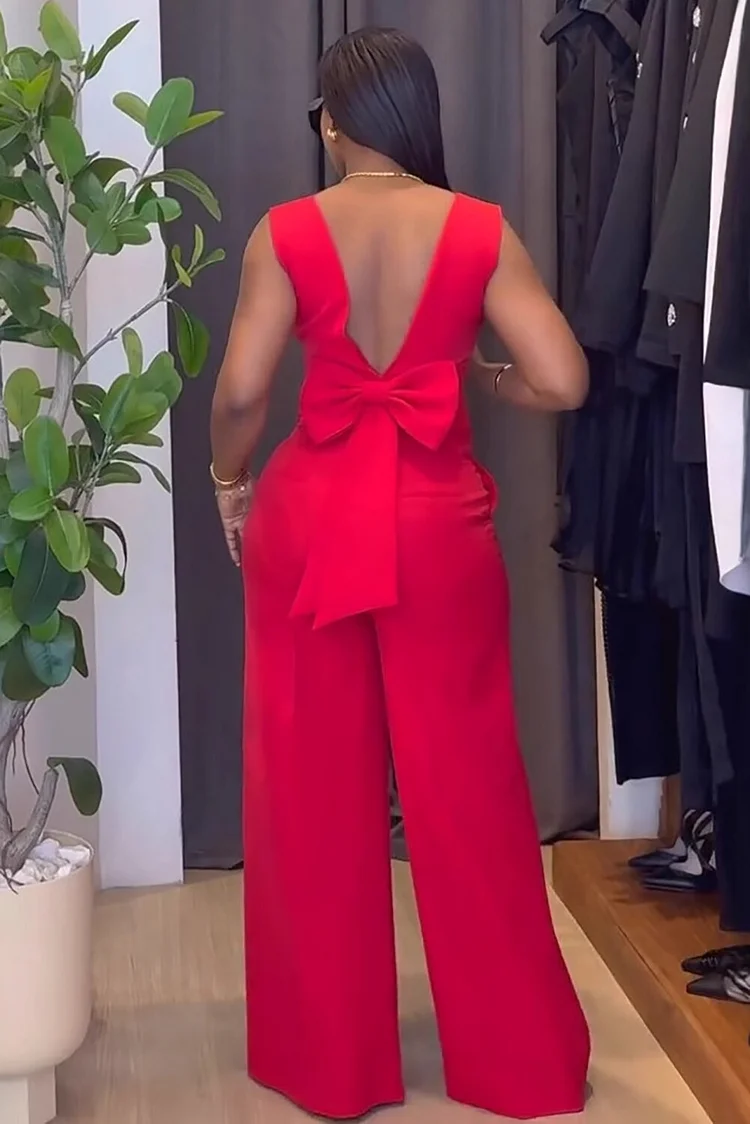 V-Shaped Backless Bow Decor Vest Knit Solid Color Wide Leg Pants 2pcs Set-Red