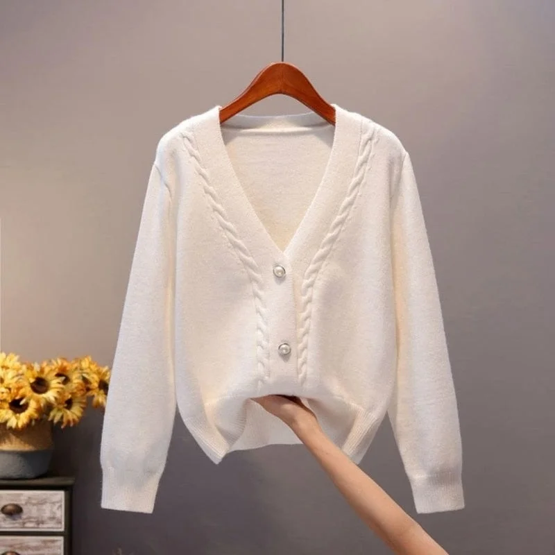 Sweater Cardigan Women Autumn New V Neck Pearl Single Breasted Loose Short Thicken Sweater Sweet Long Sleeve Knitted Top 16969
