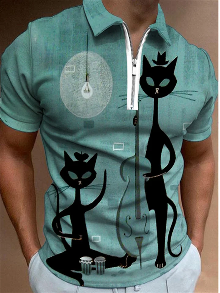 Black Cat Print Polo Shirt Men's Summer Blue S M L XL 2XL 3XL 4XL
