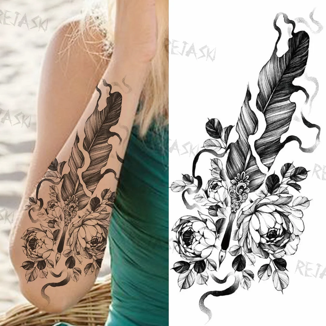 Sexy Snake Flower Fake Temporary Tattoo For Women Black Sunflower Tattoos Bloosom Big Daisy Camellia Water Transfer Tatoos Legs