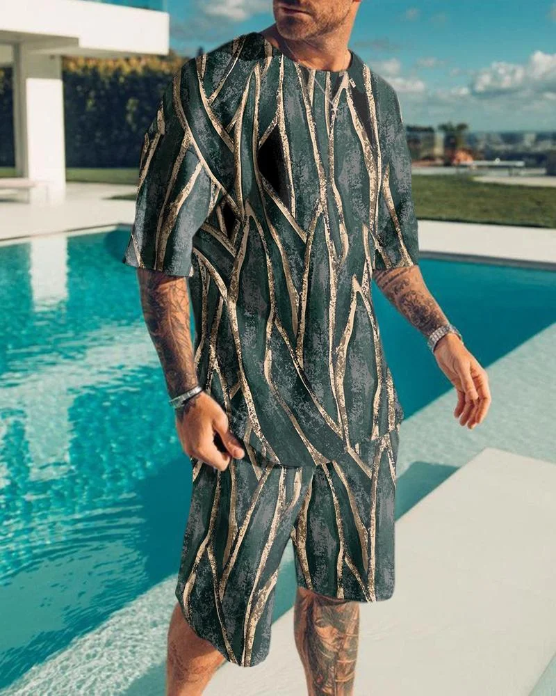 Men's Holiday Vintage Green Texture Shorts Suit